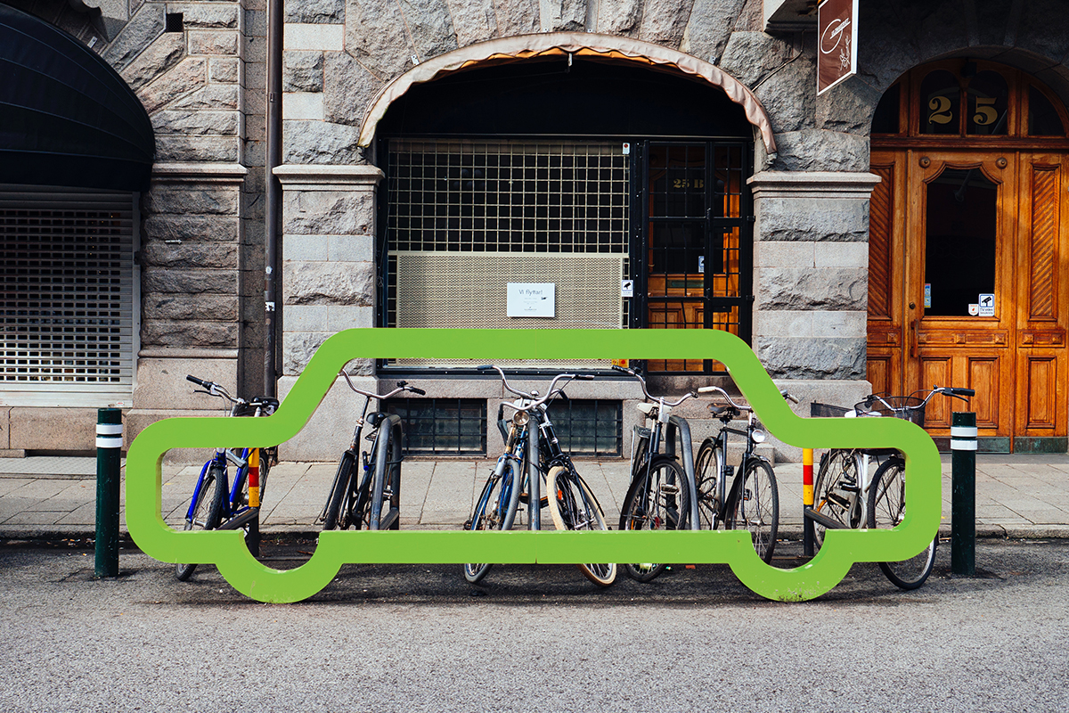 bike rack at car-free apartment rental community